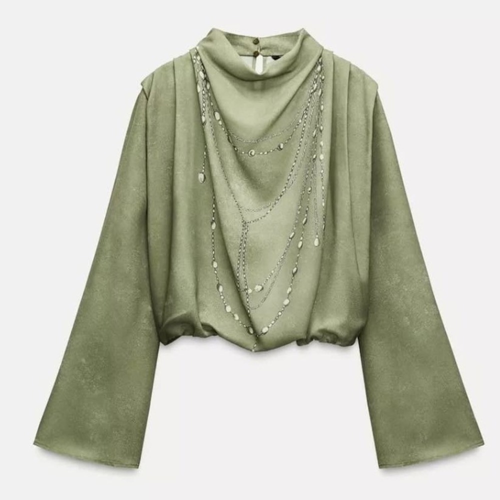 Zara Chain Print Cropped Cowl Neck Blouse Sage Green Long Sleeve Top NWOT Size L
